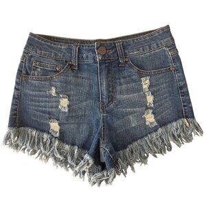 Elan Distressed Denim Shorts Women M Blue Fringe Hem Cutoff Jean Shorts NEW